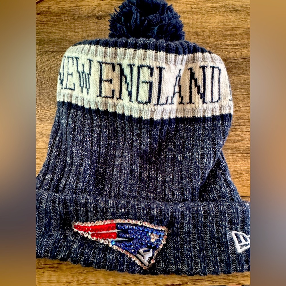 Custom fleece-lined New England Patriots winter hat.